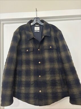 Billy Reid Olive and Navy Plaid Snap-Front Jacket